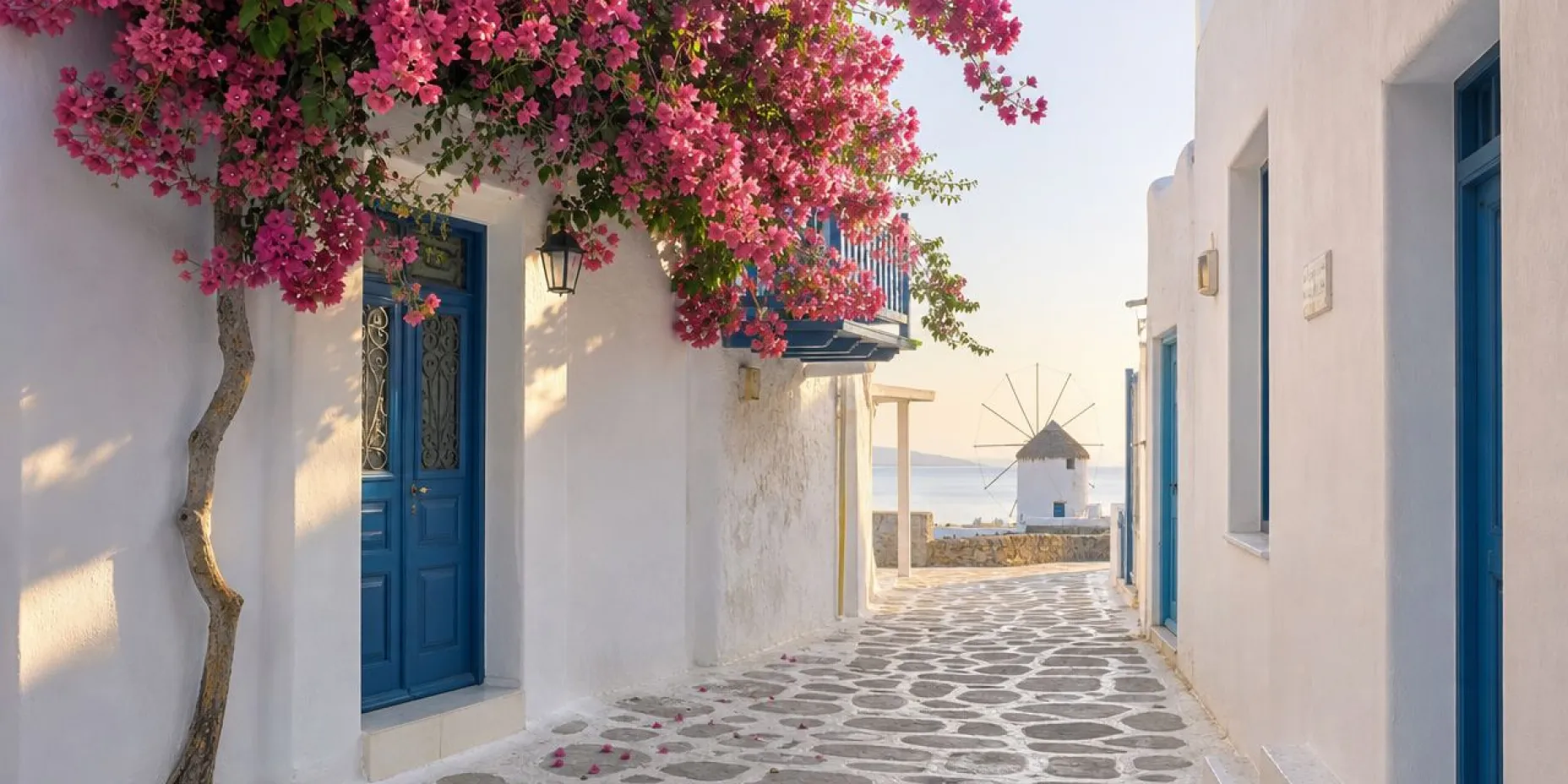 Whitewashed streets and sea views in Mykonos Town, Greece
