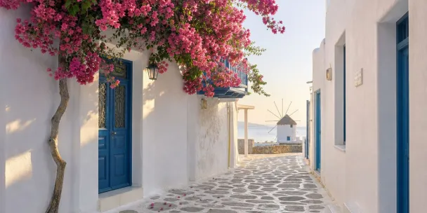 Whitewashed streets and sea views in Mykonos Town, Greece